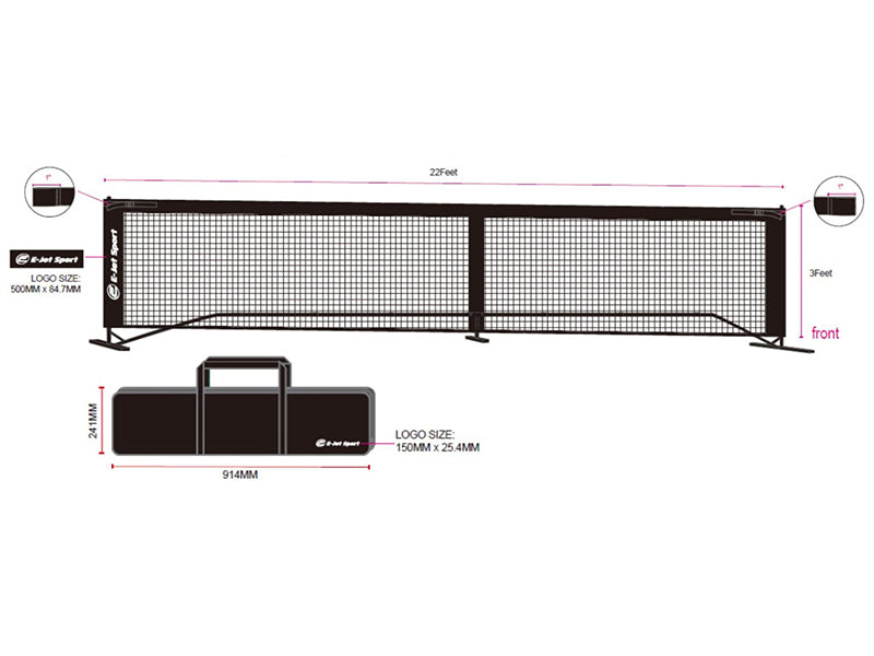 E-JET SPORT PICKLEBALL NET - STANDARD - PORTABLE - 670 X 91CM (22' X 3')