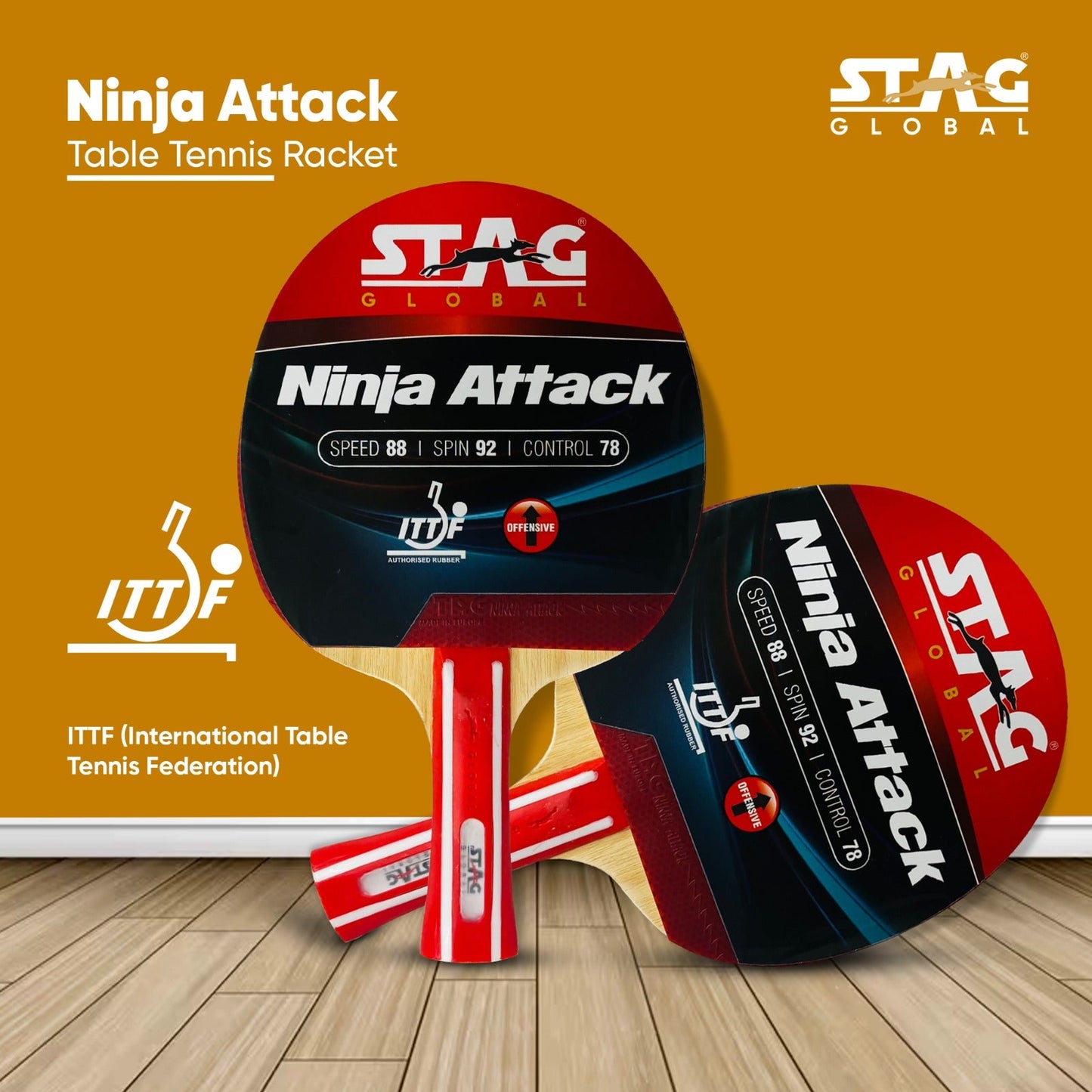 STAG Ninja Attack Table Tennis Racket Professional and Intermediate Level, High Speed and Spin Control